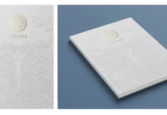 The illustration embossed on the corporate brochure's cover along with the yacht name gold-foiled in a bold, serif font