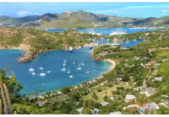 The view from Shirley Heights across English Harbour and, beyond, Falmouth Harbour