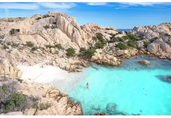 The smooth granite, white sands and turquoise waters of the Maddalena Archipelago off the north east coast of Sardinia are a yachting paradise
