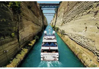 The 6.4km (4 mile) Corinth Canal links the Aegean and Ionian Seas, saving a journey around the Peloponnese peninsula