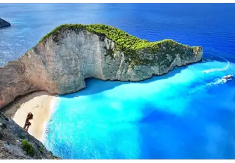 The iconic Ionian scene of Navagio Bay on the north west coast of Zakynthos