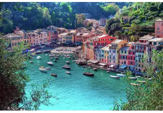 The historic fishing port of Portofino seen from the 16th century fort Castello Brown