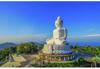 The 45m statue of a seated Gautama Buddha sits atop Nakkerd Hill near Chalong, Phuket, nestling in national conserved forestry. Construction began in 2004