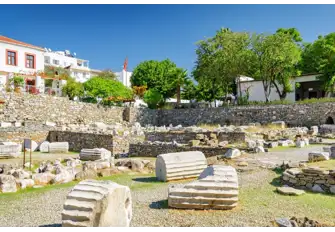 The Mausoleum when completed around 350 B.C., was raised above the Bodrum Peninsula with a 24 step pyramid and chariot on top