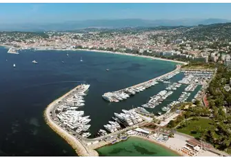 Looking northwest from Port Pierre Canto across the Baie de Cannes towards Vieux Port, the two locations of the Cannes Yachting Festival