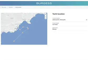 Your yacht's live location: Position on map, latitude and longitude, current speed and destination from the Marine Traffic AIS feed