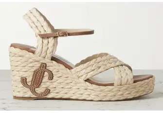 Jimmy Choo Dellena 100 logo-appliquéd leather-trimmed woven raffia espadrille wedge sandals