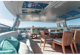 Looking aft on the sun deck, past the open-air dining to the bar and jacuzzi