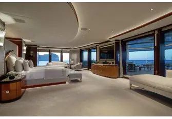 The upper deck is dedicated to the owner's private use. This is the aft-facing owner's suite