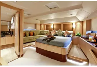 A full beam owner's suite aft includes a marble bathroom, see here to the left