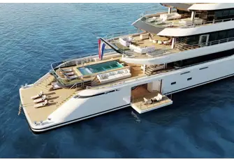 The beach club is open on three sides and gets natural light from the glass-bottomed pool above