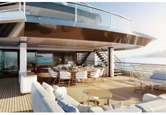 The owner's private deck has lounge, dining and sun lounge aft, with a bedroom suite, private terrace and jacuzzi forward