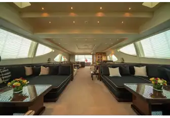 Looking aft on the main deck, across the TV lounge, saloon and bar towards the main deck aft