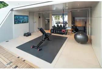 The sea-level beach club can be set up as a gym or a lounge area