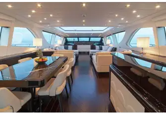 Looking forward in the main saloon, from the bar and dining area aft, across the lounge to the bridge forward