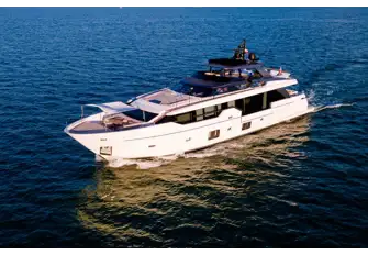 She has a thrilling top speed of 28 knots and zero speed stabilisers for guest comfort. This image also shows the sport bulwark panel lowered for the best views from inside