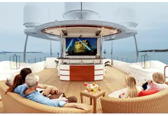 The sun deck has a jacuzzi and sunpads forward, bar and BBQ under the hardtop, outdoor cinema and dayhead