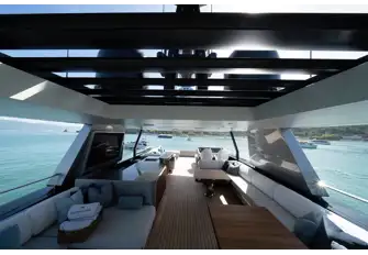 Her sensational sun deck has a flybridge forward, bar with TV, open-air dining and lounge seating, everything you need for fun in the sun