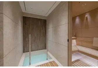 In addition to the plunge pool and sauna, the lower deck wellness centre includes a steam room, massage room and beauty salon
