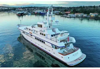 Her second tender stows on the bridge deck aft and transom gates open onto the swim platform