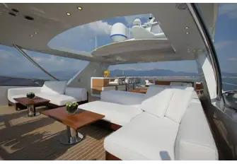 Looking aft from the forward sun deck showing the observation lounge and retractable bimini