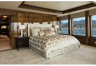 The owner's suite on the private owner's deck has a lounge, his-and-hers bathrooms and dressing rooms, office, saloon and a huge terrace aft