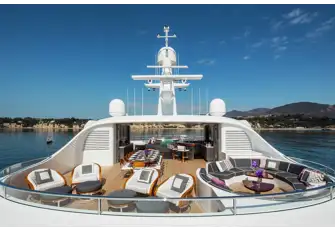 The huge sun deck various lounge areas, open-air dining, a wet bar and a glass-fronted jacuzzi