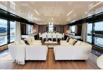 Looking forward in the main saloon, showing how effectively the full-height glass and glazed bulwarks connect the inside and outside spaces