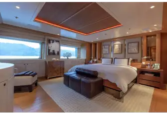 The owner's suite has a bedroom to starboard, a lounge to port, two walk-in wardrobes and his-and-hers bathrooms