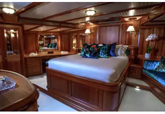 The full-beam owner's suite is aft on the lower deck