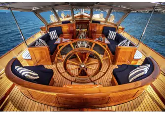 A line-free guest cockpit offers shelter underway and at anchor