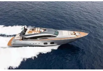 LEVANTINE II has an exhilarating top speed of 40 knots and cruises at 36 knots. Her foredeck lounge and sunpad are also visible