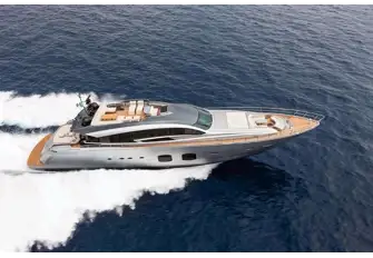 LEVANTINE II has an exhilarating top speed of 40 knots and cruises at 36 knots. Her foredeck lounge and sunpad are also visible