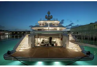 Her 8.3m (27.2ft) Boston Whaler tender stows in the transom and there are two more behind shell doors forward on the main deck