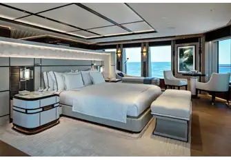 Wraparound views in the owner's suite, aft facing and overlooking a private terrace and jacuzzi with lounge and intimate dining