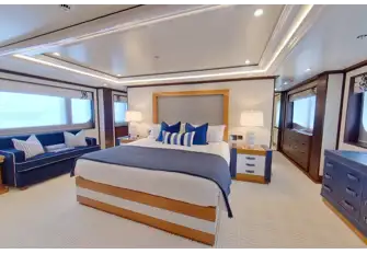 The aft-facing double bed in the main deck owner's suite