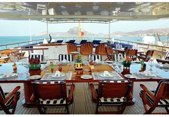 The sun lounge, pop-up TV and open-air dining on the upper deck aft, protected by sliding glass screens either side
