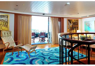 The seating and spiral staircase in the sky lounge