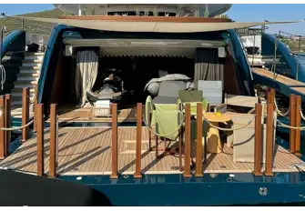 The transom folds down to become a large swim platform and reveals a very spacious tender garage