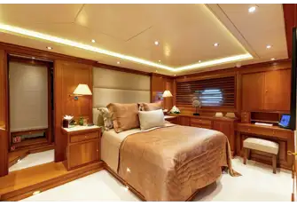 The full-beam owner's suite aft, one of three suites for up to seven guests