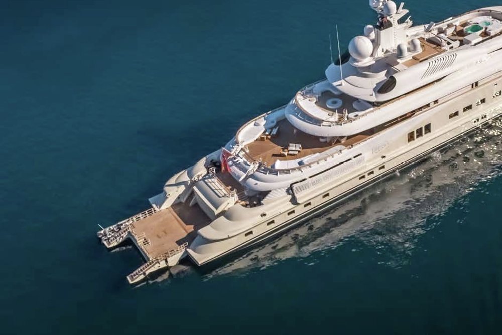 The transom folds down to create a huge sea level platform for sea-level living. She has six tenders, including two Vikal tenders, stowed behind main deck aft shell doors