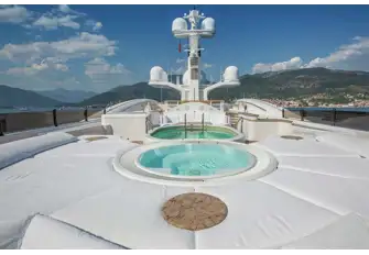 The sun deck has a pool and jacuzzi forward and dining aft. An elevator serves all guest decks