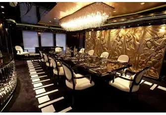 Prohibition-era entertainment literally lines the walls in the main deck's formal dining area