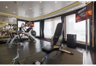 The fully equipped gym overlooks the helipad, which also serves as sun lounge and entertainment space