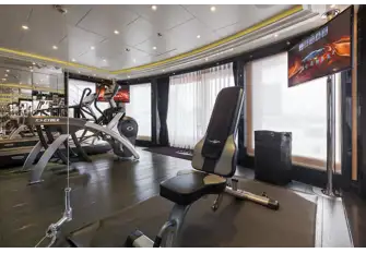 The fully equipped gym overlooks the helipad, which also serves as sun lounge and entertainment space