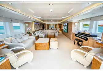 Cool, classy interiors featuring dining forward, a media lounge with huge TV and a piano lounge