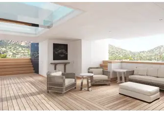 The sea-level beach club has shimmering natural light filtered through the glass-bottomed pool above, a sea terrace to port and a huge swim platform aft, large enough for entertainment