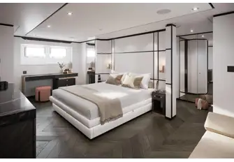 The VIP suite, one of two full-beam suites, is forward on the main deck