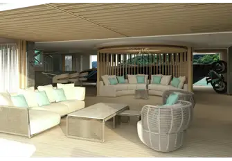 The beach club features a bar with views into the glass backed pool, lounge seating, two sea terraces and a wellness centre