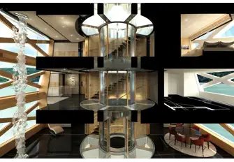 A glass elevator serves all guest decks and runs through a triple-height atrium